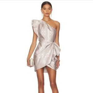 Saylor Ann Mini Dress XS Silver Metallic Jacquard One Shoulder Ruffle